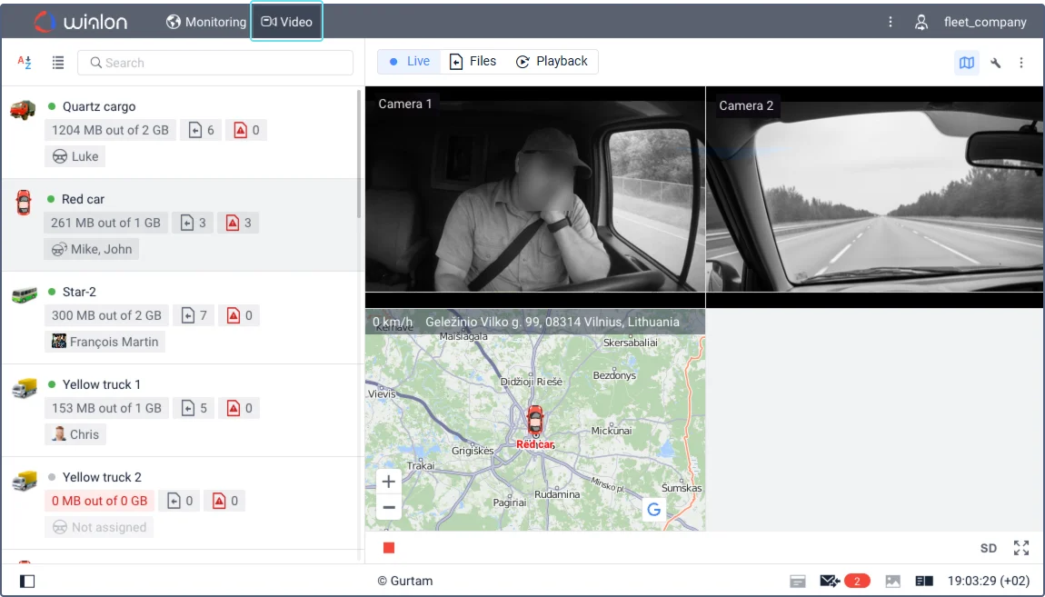 Oficjalny przykład Wialon Hosting — zakładka Video, mapa i podgląd z kamer