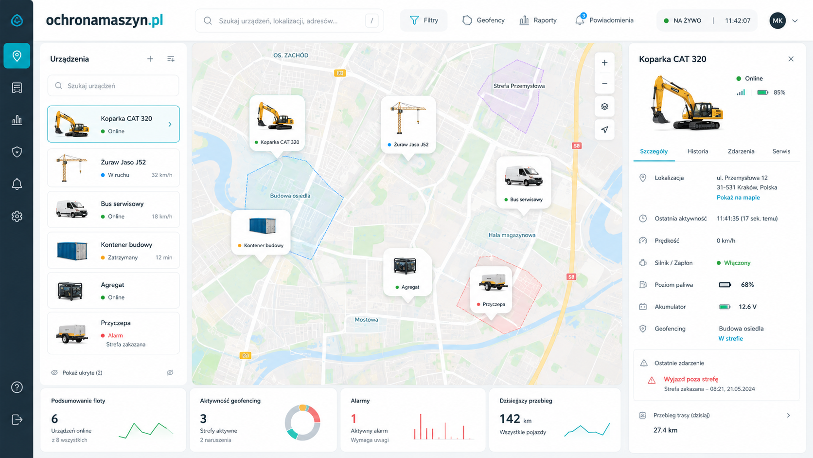 Widok systemu ochronamaszyn.pl z mapą maszyn, geostrefami, alarmami i danymi koparki