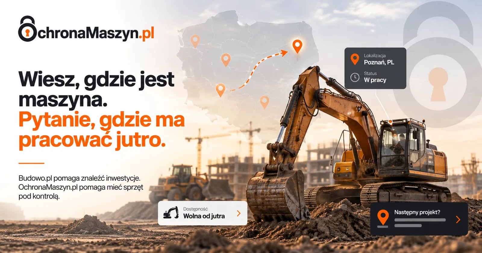 Koparka kończąca pracę na jednej inwestycji i planowana do kolejnego zlecenia.