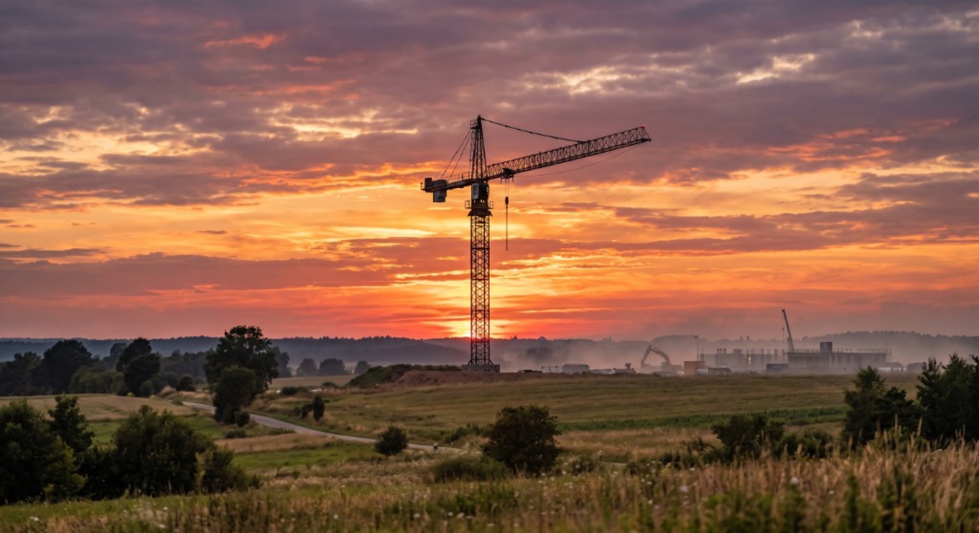 Żuraw wieżowy na inwestycji o świcie — to często od jego pierwszego ruchu zaczyna się dzień budowy.